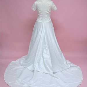 White Embroidered Short-Sleeve Bridal Gown